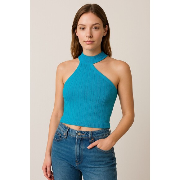Zara Women’s Small Aqua Blue Teal Cropped Sleeveless Asymmetrical Tank - Picture 1 of 7